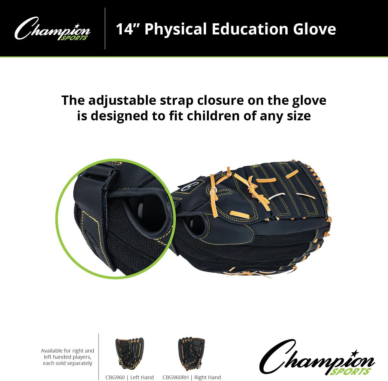 image:imageChampion Sports 14 Physical Ed Glove Soft Leather Front and Nylon Mesh Back for Comfort Grip Adjustable Strap with Velcro Closure Closed Web Age HSAdult RightHanded GloveBlack