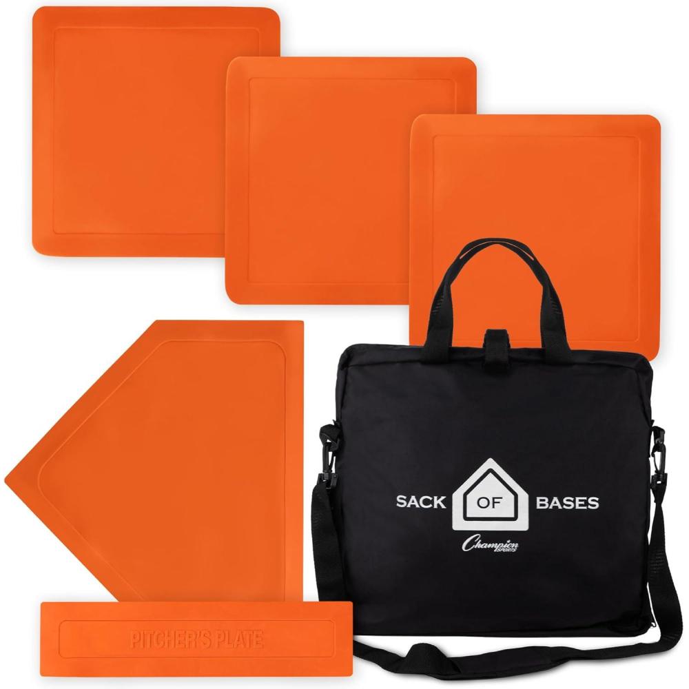 image:imageChampion Sports BaseballSoftball Throw Down Base Sets Durable IndoorOutdoor Training Bases Sets of 4 or 5 in Orange or WhiteSack of Bases w Pitchers Plate and Sack Orange Set of 5