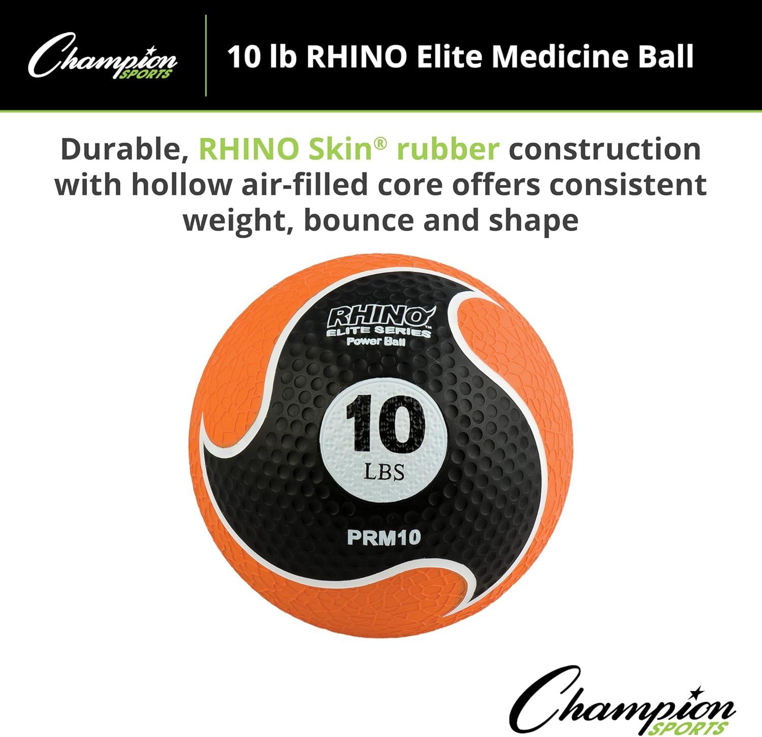 image:imageChampion Sports Rhino Elite Medicine Ball Textured Surface Superior Grip Hollow Synthetic Rubber for Consistent Bounce amp Durability Multiple Weights amp Colors Optional Rebounder Sold Separately10 Pounds Orange