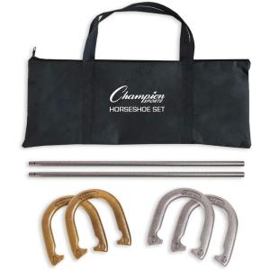 Champion Sports Horseshoe Set: Traditional Outdoor Lawn Game includes Four Professional Solid Steel Horseshoes with Solid Steel Stakes & Carrying Storage Case(Deluxe Set)