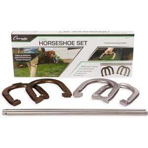 Champion Sports Horseshoe Set: Traditional Outdoor Lawn Game includes Four Professional Solid Steel Horseshoes with Solid Steel Stakes & Carrying Storage Case(Classic Set)