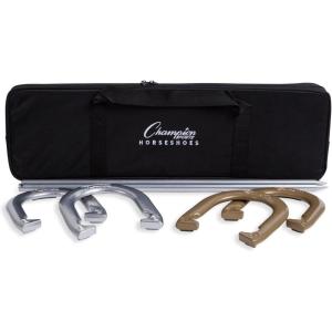 Champion Sports Horseshoe Set: Traditional Outdoor Lawn Game includes Four Professional Solid Steel Horseshoes with Solid Steel Stakes & Carrying Storage Case(Tournament Set)