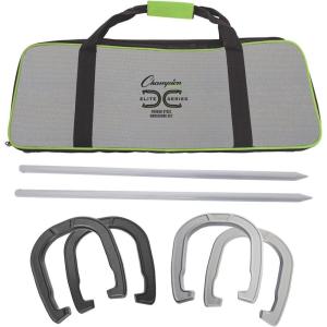 Champion Sports Horseshoe Set: Traditional Outdoor Lawn Game includes Four Professional Solid Steel Horseshoes with Solid Steel Stakes & Carrying Storage Case(Elite Set)