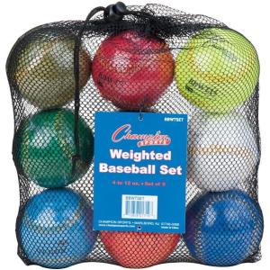 Champion Sports Weighted Training Baseball Set – Rubber Cork Core – Leather Cover – Set of 9 Balls – Graduated Weights – 4 to 12 oz – 9 Inch Diameter