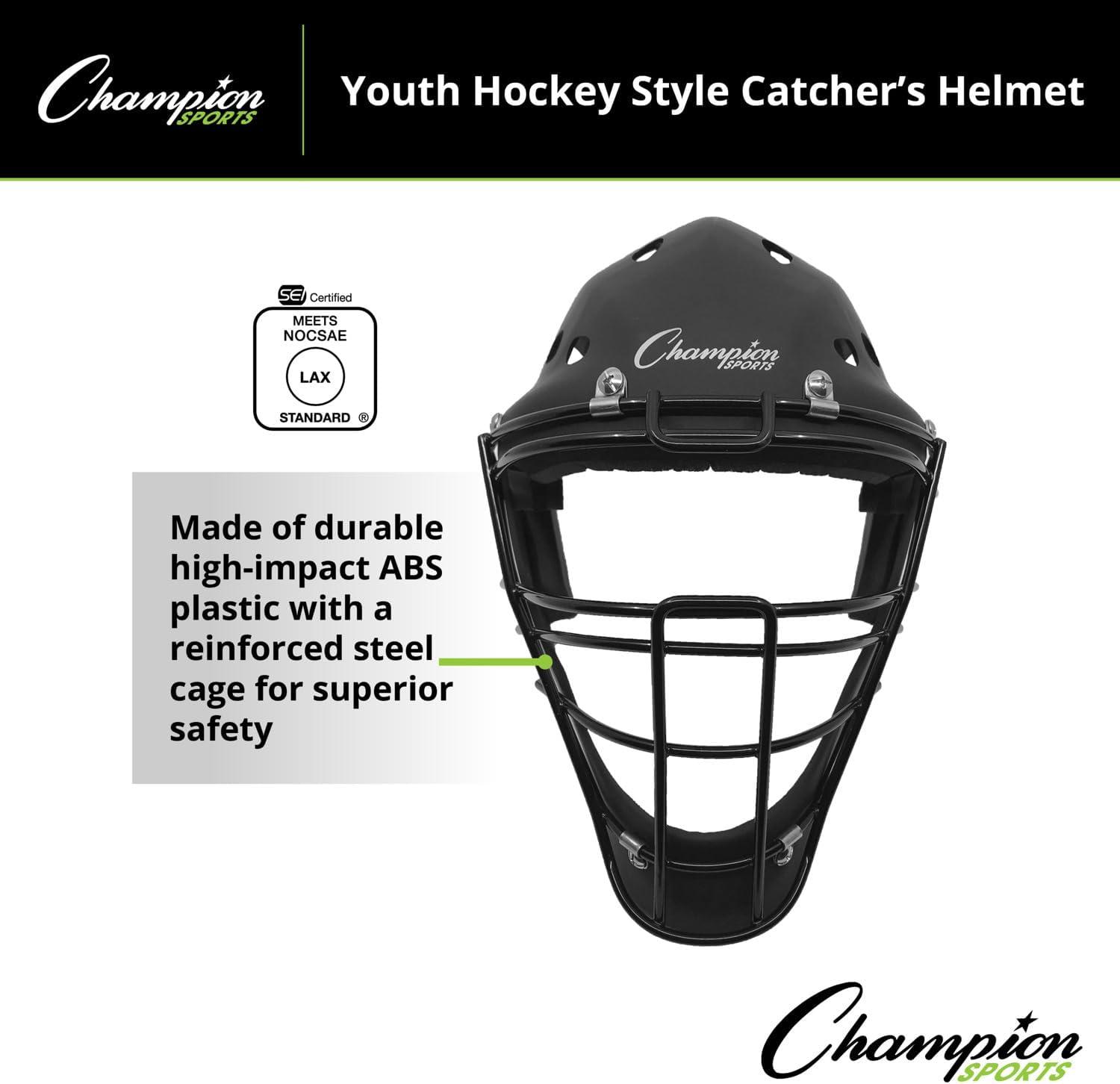 image:imageChampion Sports Hockey Style Catchers Helmet Mask AdultYouth Sizes HighImpact ABS Construction Catchers Mask Ventilation Holes Foam Liner Adjustable Reinforced Cage NOCSAE and SEI