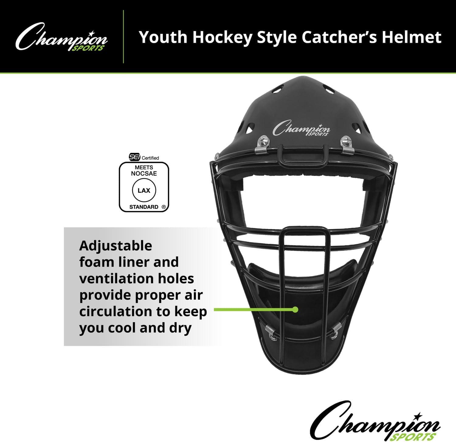 image:imageChampion Sports Hockey Style Catchers Helmet Mask AdultYouth Sizes HighImpact ABS Construction Catchers Mask Ventilation Holes Foam Liner Adjustable Reinforced Cage NOCSAE and SEI