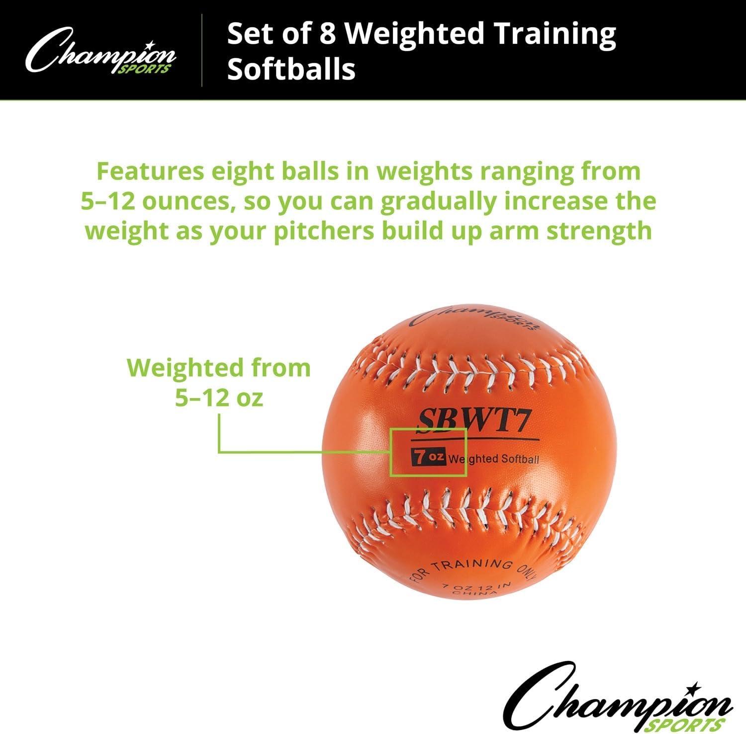 image:imageChampion Sports Weighted Training Softball Set Rubber Cork Core Leather Cover Set of 8 Balls Graduated Weights 5 to 12 oz 12 Inch Diameter