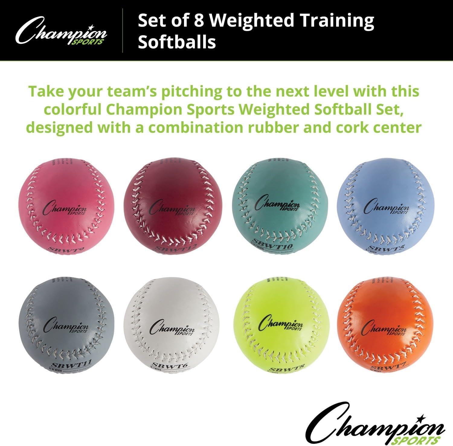 image:imageChampion Sports Weighted Training Softball Set Rubber Cork Core Leather Cover Set of 8 Balls Graduated Weights 5 to 12 oz 12 Inch Diameter