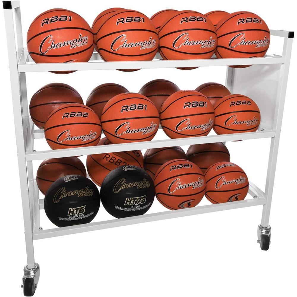image:imageChampion Sports Deluxe Heavy Duty Basketball Storage Cart with Locking Swivel Caster Wheels BlackDouble Wide 24 Ball Capacity
