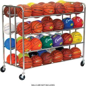 Champion Sports Double Wide Four Tier Basketball Storage Rack Cart with Locking Swivel Caster Wheels, 48 Ball Capacity (Chrome)