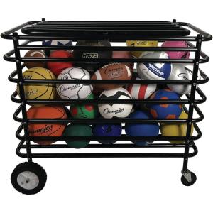 Champion Sports Ultimate Lockable Ball Locker – Heavy Duty Powder Coated Steel Ball Locker with Swivel Caster and Rear Wheels – Hinged Lid – Holds Up to 30 Balls – Black