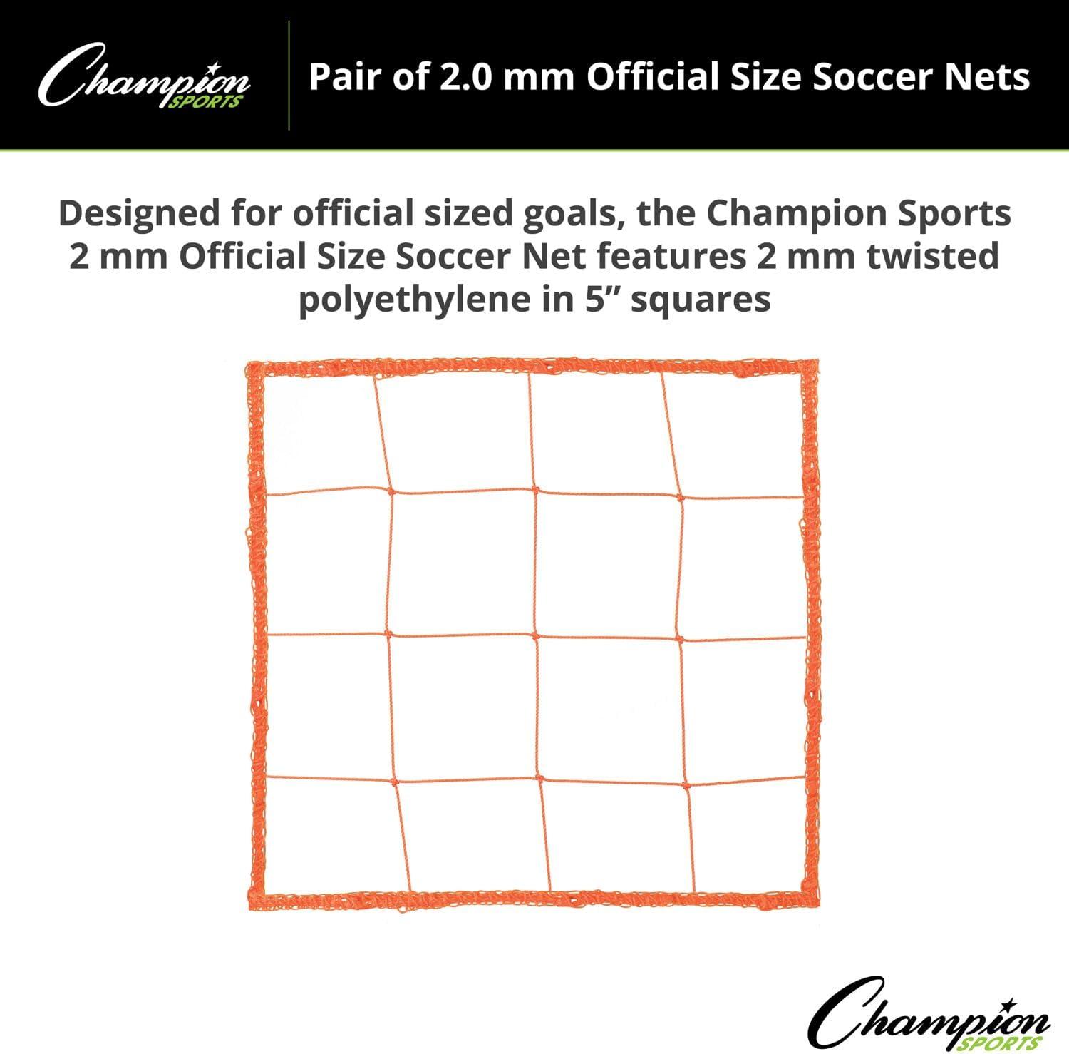image:imageChampion Sports Official Size 20mm Soccer Net Pair 2 Twisted 5 Square Polyethylene Netting